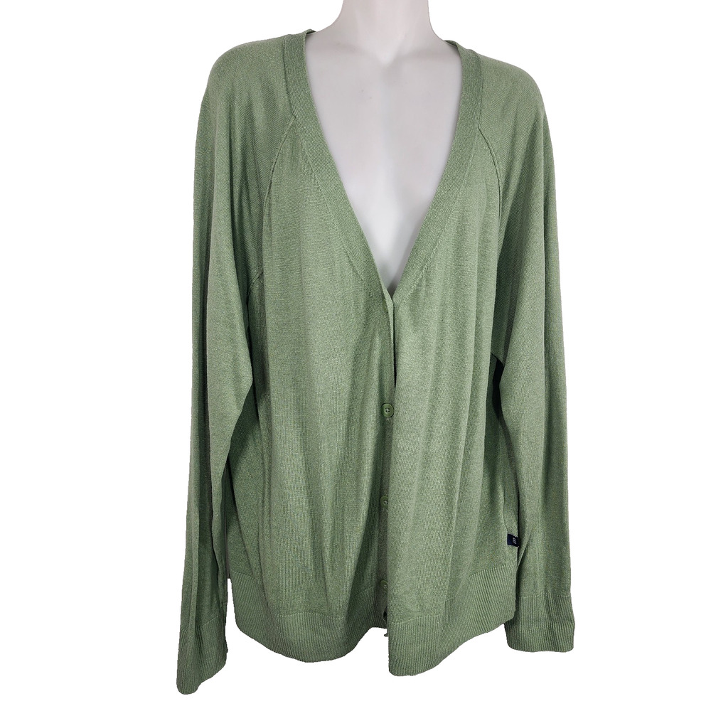 GAP Women Linen Blend Cardigan Sweater Button XL Green Lightweight V Neck Preppy